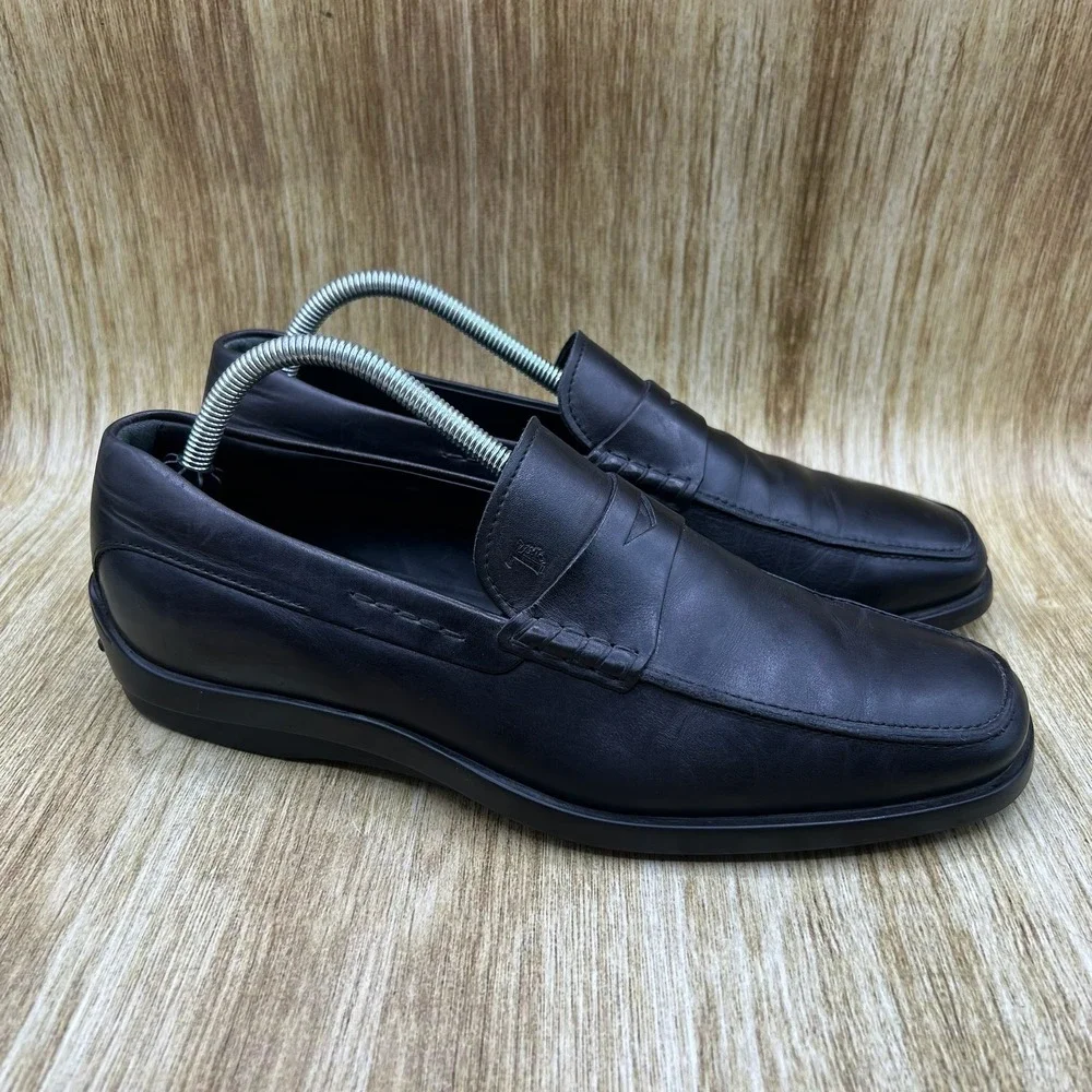Tods Penny Loafers Men's Size 8 Black Leather Gommino Driving Shoes Italy